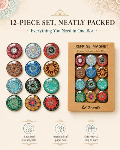 Cute Mandala Refrigerator Magnets - 12 Pack Decorative Fridge Magnets