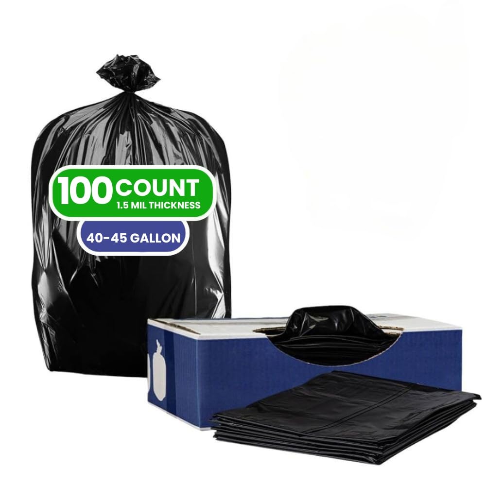 Plasticplace Heavy Duty Trash Bags, 40-45 Gallon, Black, Industrial Strength, Tear-Resistant, Leak-Proof, Large Garbage Bags for Yard, Construction, Lawn, 100 Count 1.5 Mil, 40"x46"