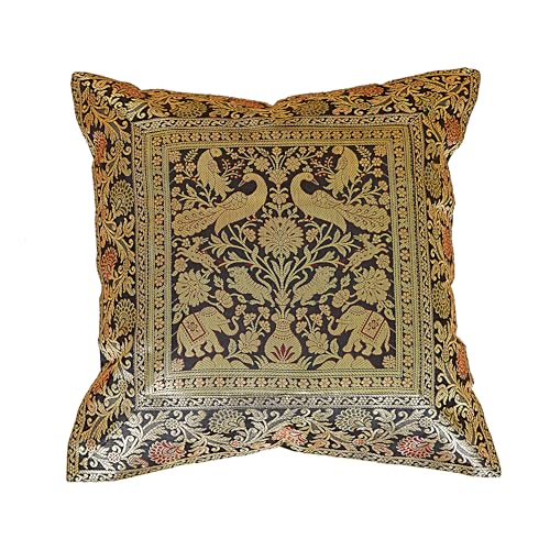 Bohemian Elephant Silk Cushion Cover 16x16 Inch - Black