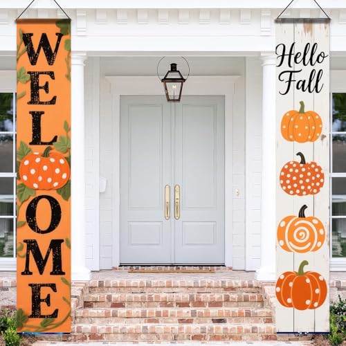 HOMETITUTE Fall Welcome Porch Banner Set 12x71 Inch Pumpkin 2 Pack