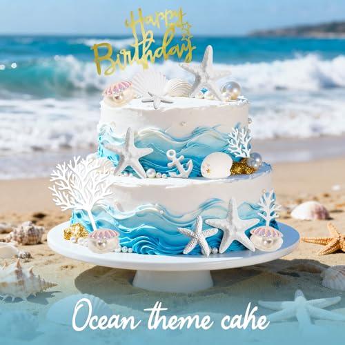 18-Piece Ocean Theme Cake Topper Set, Gold Seashell & Starfish Decorations