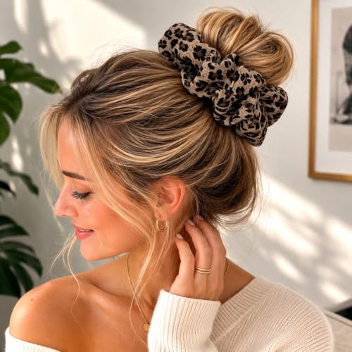 CaySep Oversized Leopard Satin Scrunchies for Thick Hair 2-Pack