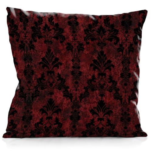 Gothic Damask Floral Throw Pillow Cover 18x18 - Dark Red and Black Vintage