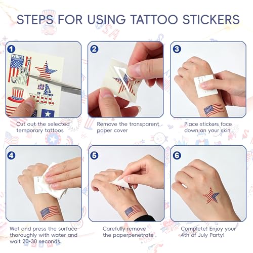 300+ Pcs 4th of July Temporary Tattoos Patriotic USA Flag Stickers Party Favors