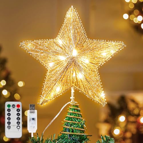 9.5-Inch Gold Christmas Tree Topper with 20 LED Warm White Lights and Remote Control