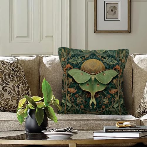 Boho Green Luna Moth Throw Pillow Cover 18x18 | Cozy Home Decor