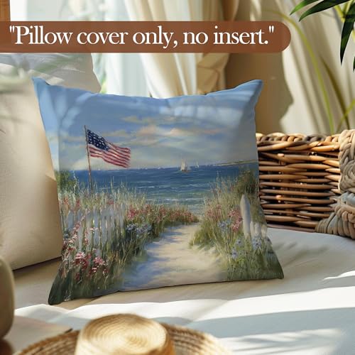 American Road Patriotic Throw Pillow Cover 18x18 - Rustic USA Flag Decor
