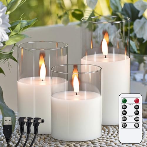Rechargeable Glass LED Flameless Candle Set - Clear 3-Candle with Remote & Timer