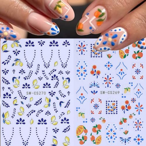 Summer Fruit Nail Stickers 10 Sheets 3D Adhesive Lemon Strawberry Decals