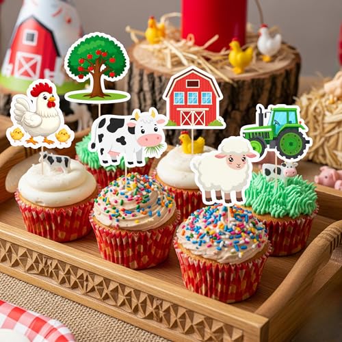 Farm Animal Cupcake Toppers 24 pcs - Farm Theme Party Decorations with Cow, Sheep, Chicken, Horse, Pig, Tractor, Tree & House Design