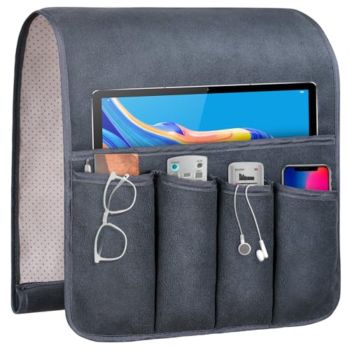 Non-Slip Polar Fleece Couch Armrest Organizer - Dark Gray, 5 Pockets