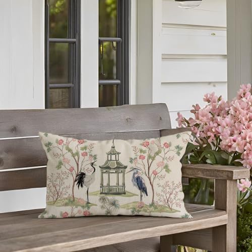 Chinoiserie Throw Pillow Cover 12x20 Inch Pink Green - PANDICORN