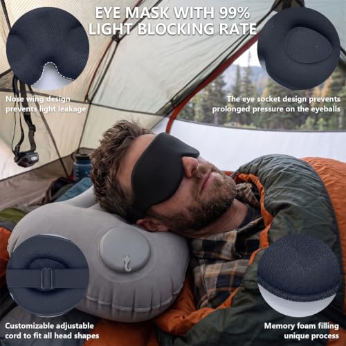Inflatable Camping Pillow with Neck Support & Eye Mask - Portable Travel Comfort