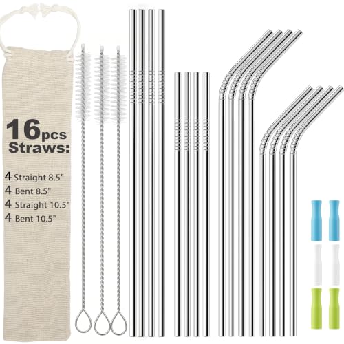 16 Pack Reusable Stainless Steel Straws with Silicone Tips & Cleaning Brushes