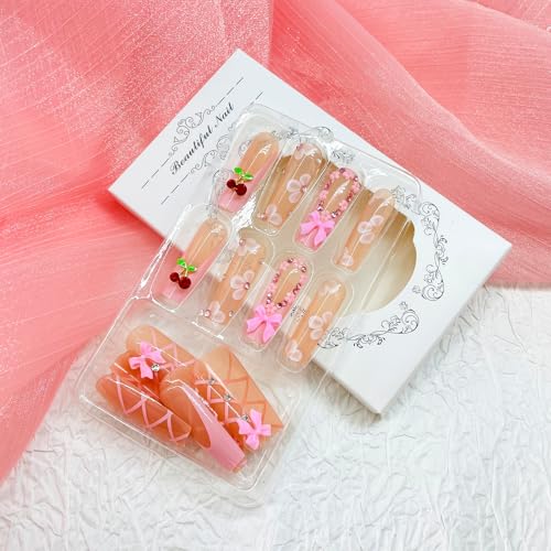 Long Coffin Press on Nails Pink French False Nails with Cherry and Bow