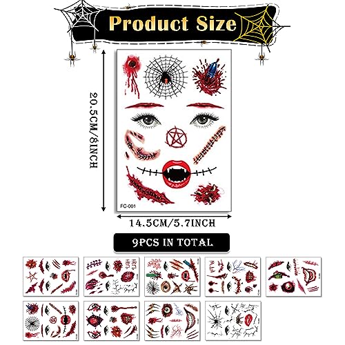 Halloween Temporary Tattoos 9PCS - 3D Bloody Scars & Fake Wounds