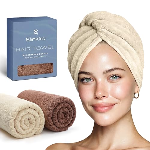 Microfiber Hair Towel Wrap for Women - Ultra Absorbent Beige & Brown