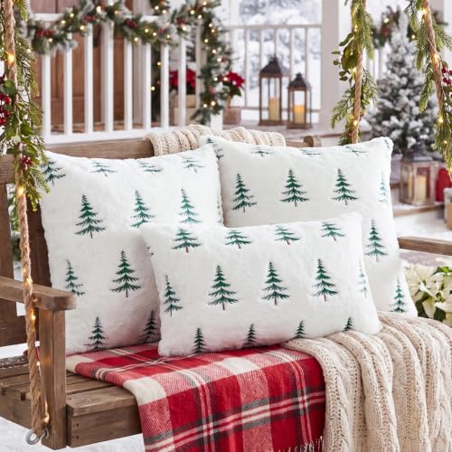 White Faux Fur Christmas Pillow Covers 18x18 Inches Set of 2 - Embroidered Tree