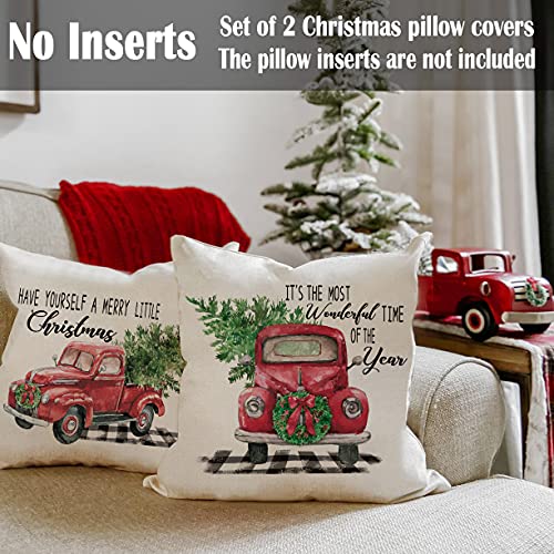 Red Truck Farmhouse Christmas Throw Pillow Covers 18x18 (Set of 2)