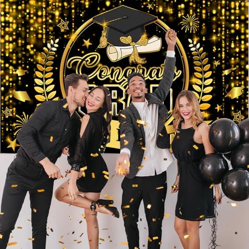 Congrats Grad Banner - Class of 2026 Black & Gold Backdrop
