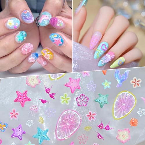 5D Summer Beach Nail Art Stickers Embossed Flowers & Sea Life Decals