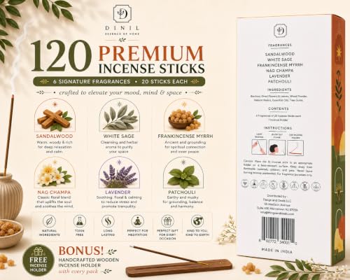 Dinil Boho Bliss Incense Gift Set, 120 Natural Sticks, Brown Holder