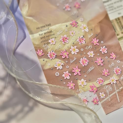 5D Embossed Pink Flower Nail Stickers Summer Floral Decals