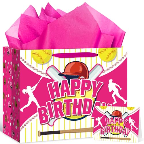 Softball Birthday Gift Bag Set for Girls with Greeting Card & Tissue