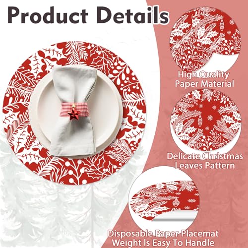 Christmas Red Placemats 50 Pack - Pine Leaves & Holly Holiday Tableware