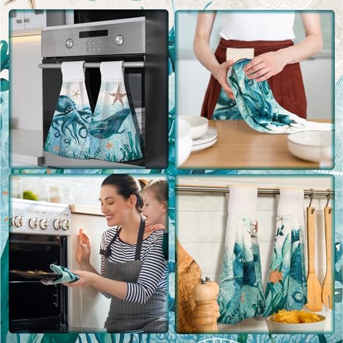 Sratte 4 Pcs Ocean Animal Hanging Kitchen Towels Sea Turtle Seahorse Blue