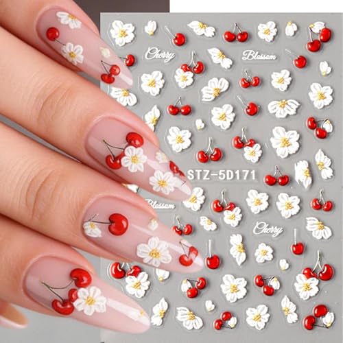 ZOAZJINAZ Ladybug & Floral Nail Stickers 3 Sheets - Embossed Spring Floral Nail Decals