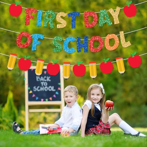 Pre-Strung Happy First Day of School Banner - Glitter Back to School Decor