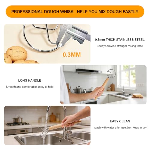 13 Inch Danish Dough Whisk - Stainless Steel with Wooden Handle
