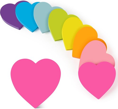 Heart Sticky Notes | 3x3 Inch | 8 Pads of Super Cute Bright Color with Strong Adhesive & Clean Removal