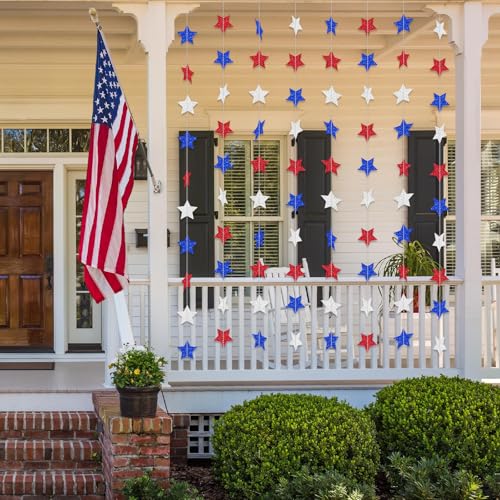 Patriotic Glitter Star Garland - 52 FT Red White Blue Decor for 4th of July