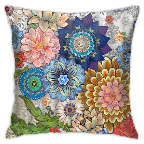 Bohemian Mandala Throw Pillow Cover 18x18 Inch - Colorful Floral, Boho Style, Double Sided Design
