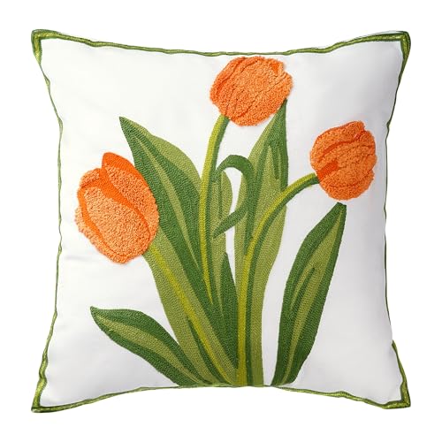 Miayon Embroidered Boho Floral Pillow Cover, 18x18 Inch - Orange Cotton
