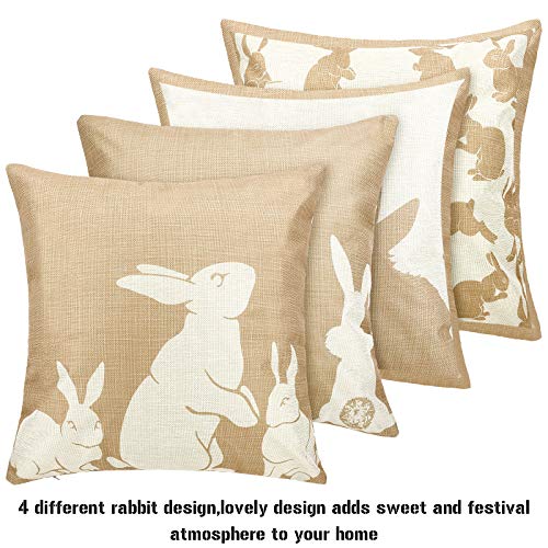 Boao 4-Pack Linen Easter Bunny Throw Pillow Covers, 18x18 Inch Farmhouse Decor