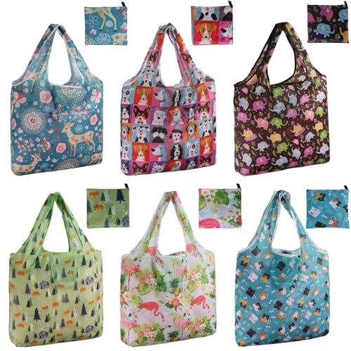 SZUAH Animal-6pcs Reusable Foldable Grocery Shopping Bags Nylon Tote Set