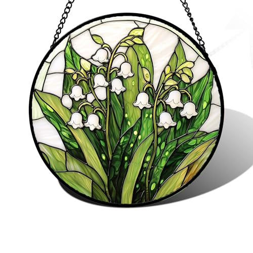 Lily of the Valley Stained Glass Window Hanging Suncatcher - White and Green, 7.8 Inch