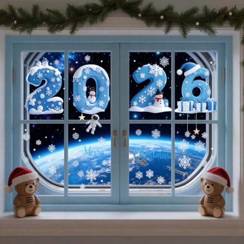 2026 Style1 Christmas Window Decals Snowman Snowflakes Holiday Stickers for New Year Shop Display