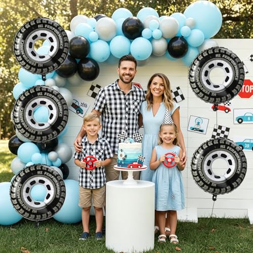 30-Inch Race Car Tire Balloons - 6 Pack Checkered Foil Wheel Decorations