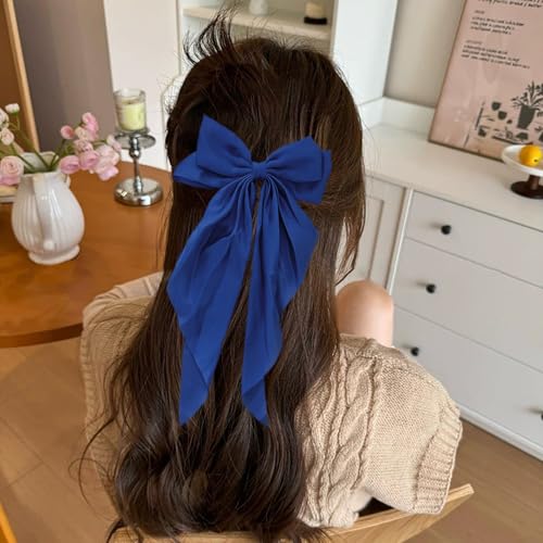 Dladhict Royal Blue Satin Hair Bow Clip, Large Long Ribbon Hair Barrette