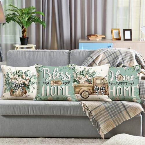 Farmhouse Eucalyptus Throw Pillow Covers 18x18, Set of 4, Teal & Green