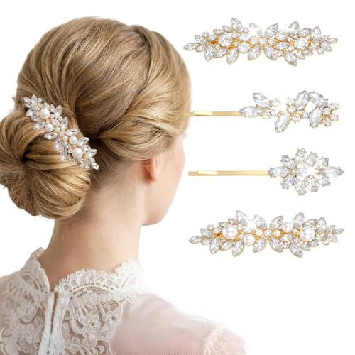 Nogeqi 4 Pcs Rhinestone Hair Clips Crystal Wedding Barrettes