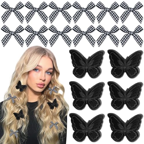 AROCOOY 18PCS Black Bow and Butterfly Hair Clips Gingham Hair Bows