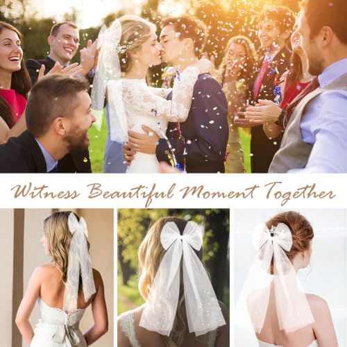 GAFATORY Pearl Hair Bow with Veil - White Bridal Tulle Hair Clip