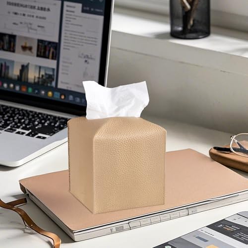 LIVESO PU Leather Tissue Box Cover - 2 Pack Beige & White