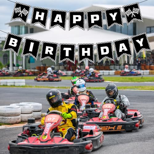Race Car Birthday Banner - Black & White Checkered Flag Decoration