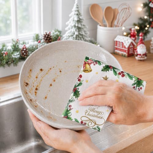 Merry Christmas 50 Pack Disposable Paper Napkins - Gold Bells & Holly Decor
